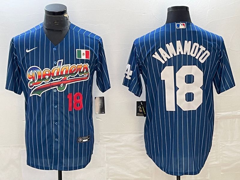 Men Los Angeles Dodgers 18 Yamamoto Blue stripe Nike Game MLB Jersey style 2